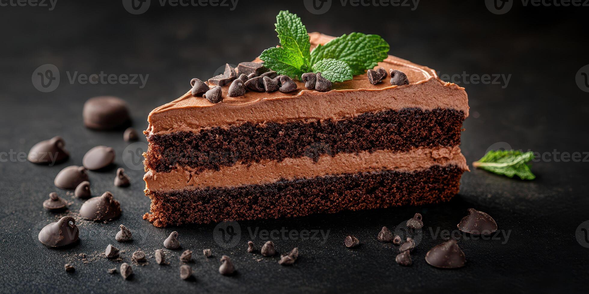 Delicious chocolate cake with mint garnish served on a black background photo