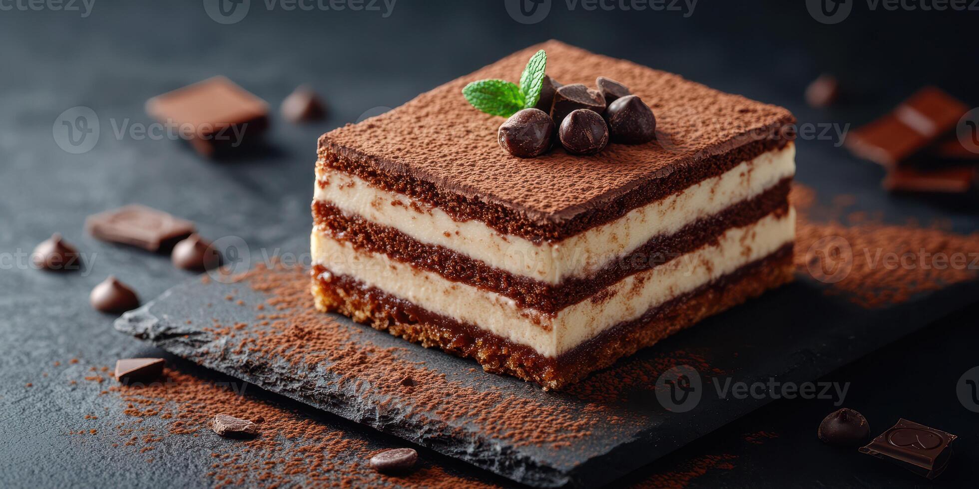 Delicious layered dessert with chocolate, cream, and cocoa served on a slate plate in a dark setting photo