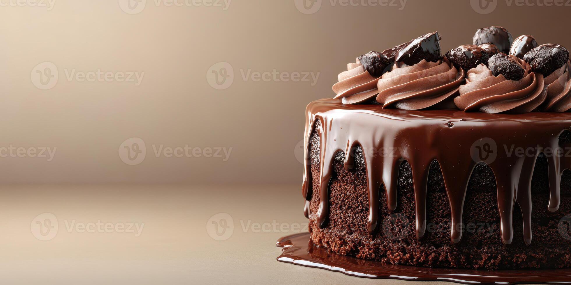 Chocolate cake with creamy frosting and chocolate drizzle on a neutral background photo