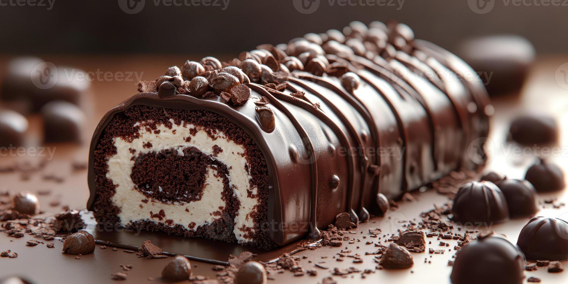 Delicious chocolate and cream rolled cake adorned with chocolate sprinkles on a wooden table photo