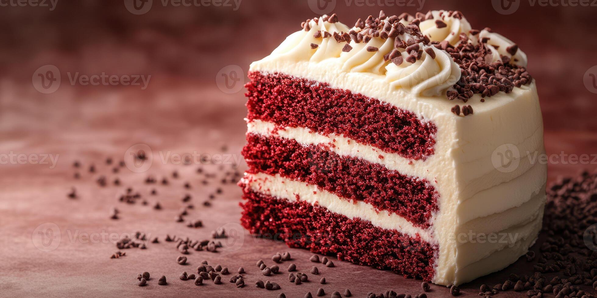 Savory red velvet cake slice displayed with chocolate shavings on a textured brown background photo