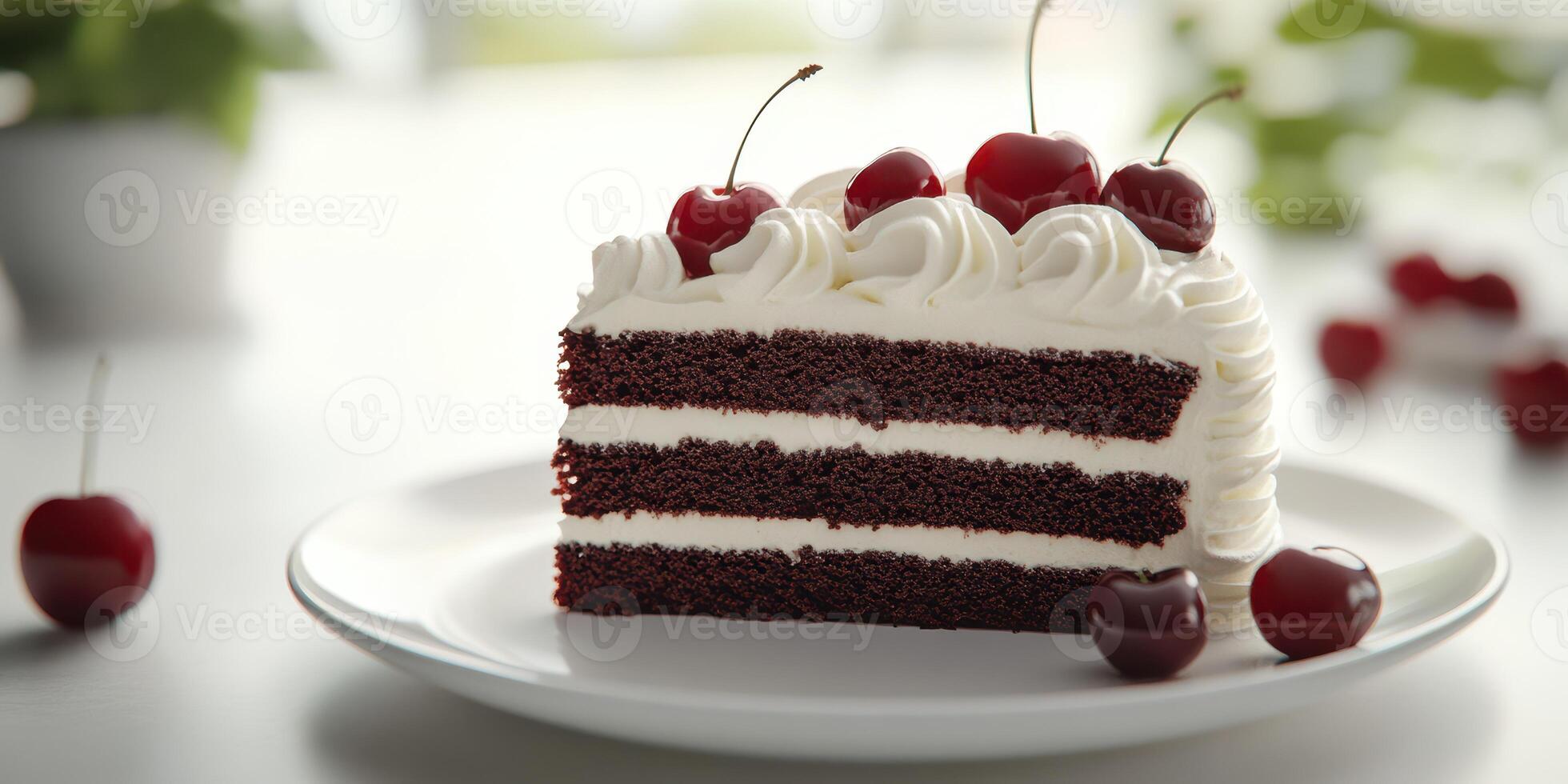 Delicious chocolate cake with cherries served on a plate in a bright kitchen setting photo