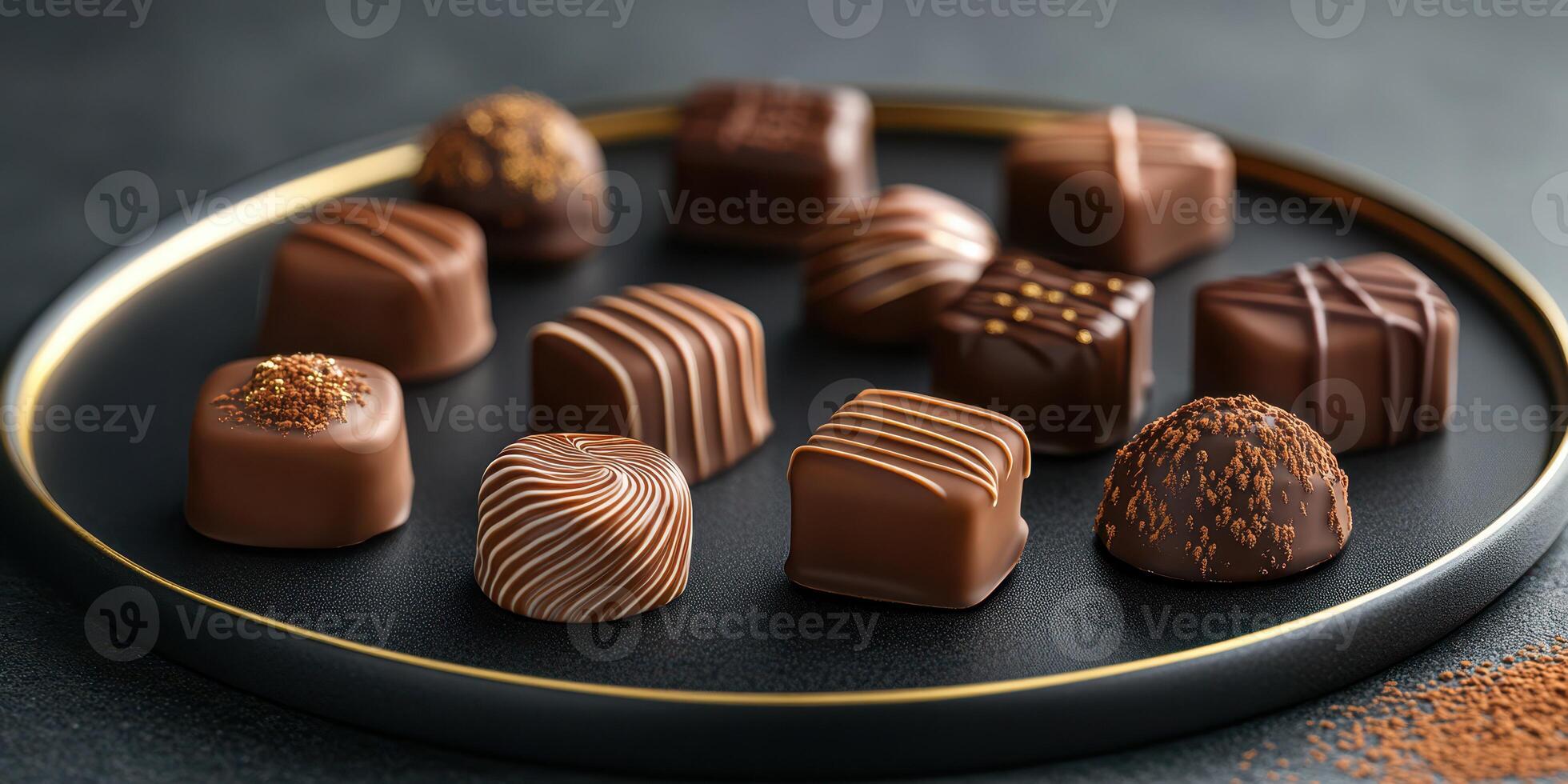 Assorted handmade chocolates arranged elegantly on a black plate in a dimly lit setting photo