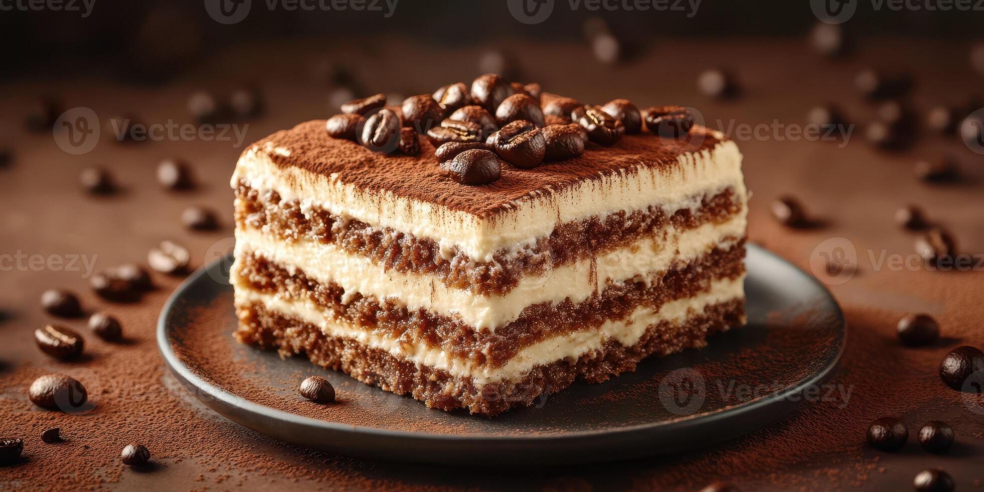 Deliciously layered dessert with coffee beans on top served in a rustic setting photo
