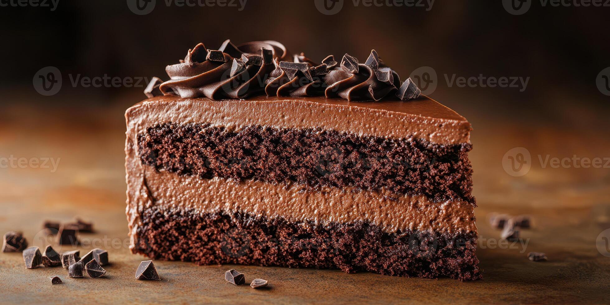 Moist chocolate cake slice with rich frosting and chocolate shavings on a wooden surface photo