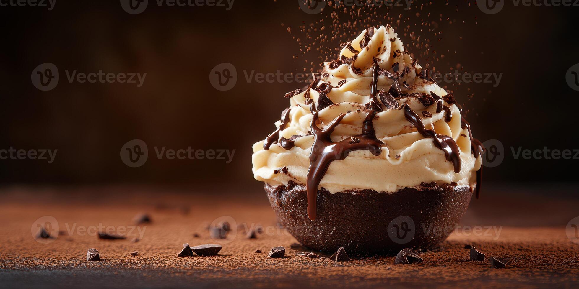 Decadent chocolate dessert topped with creamy frosting and chocolate shavings on a rustic wooden table photo