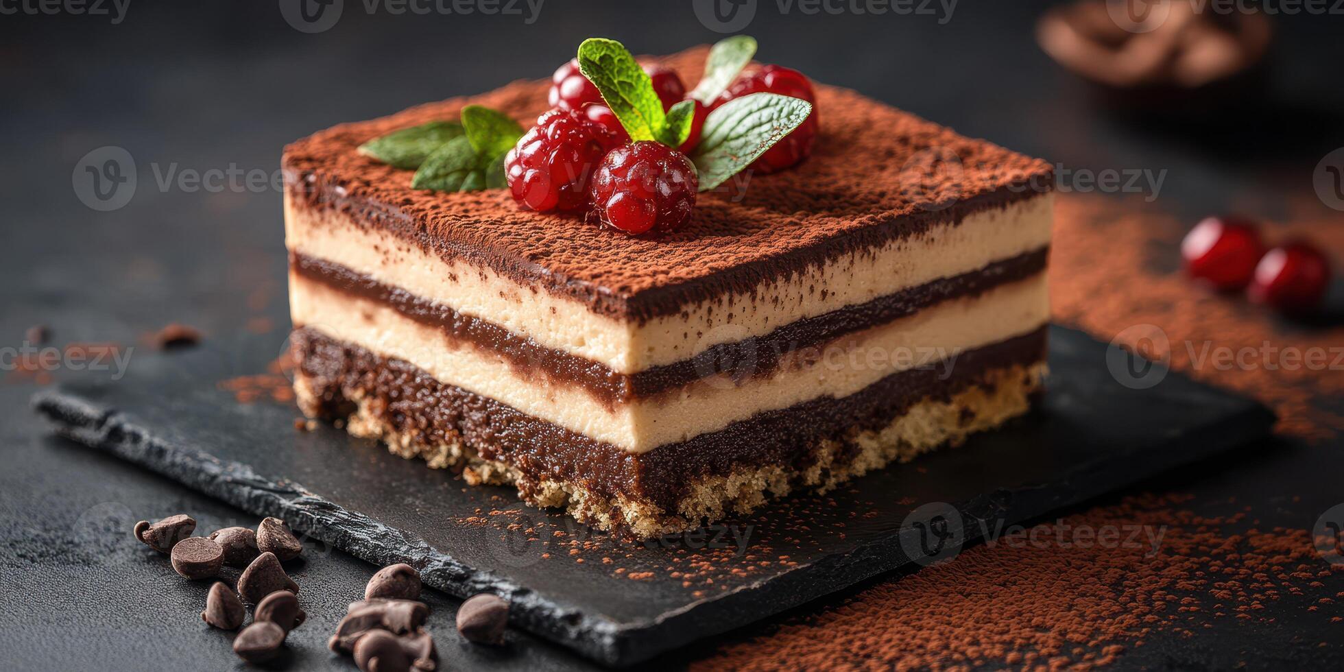 Delicious layered dessert with chocolate, cream, and fresh berries on a rustic black slate plate photo