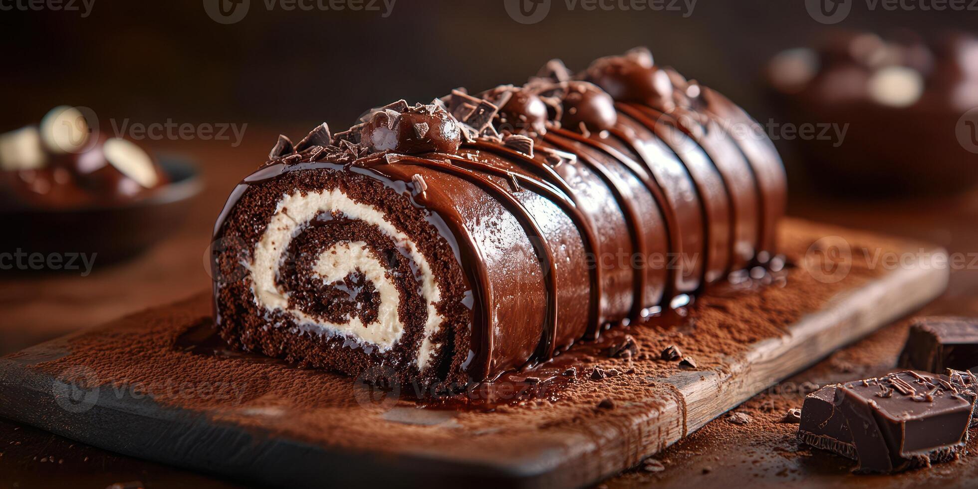 Chocolate roll cake with cream filling and chocolate drizzle displayed on a wooden board photo
