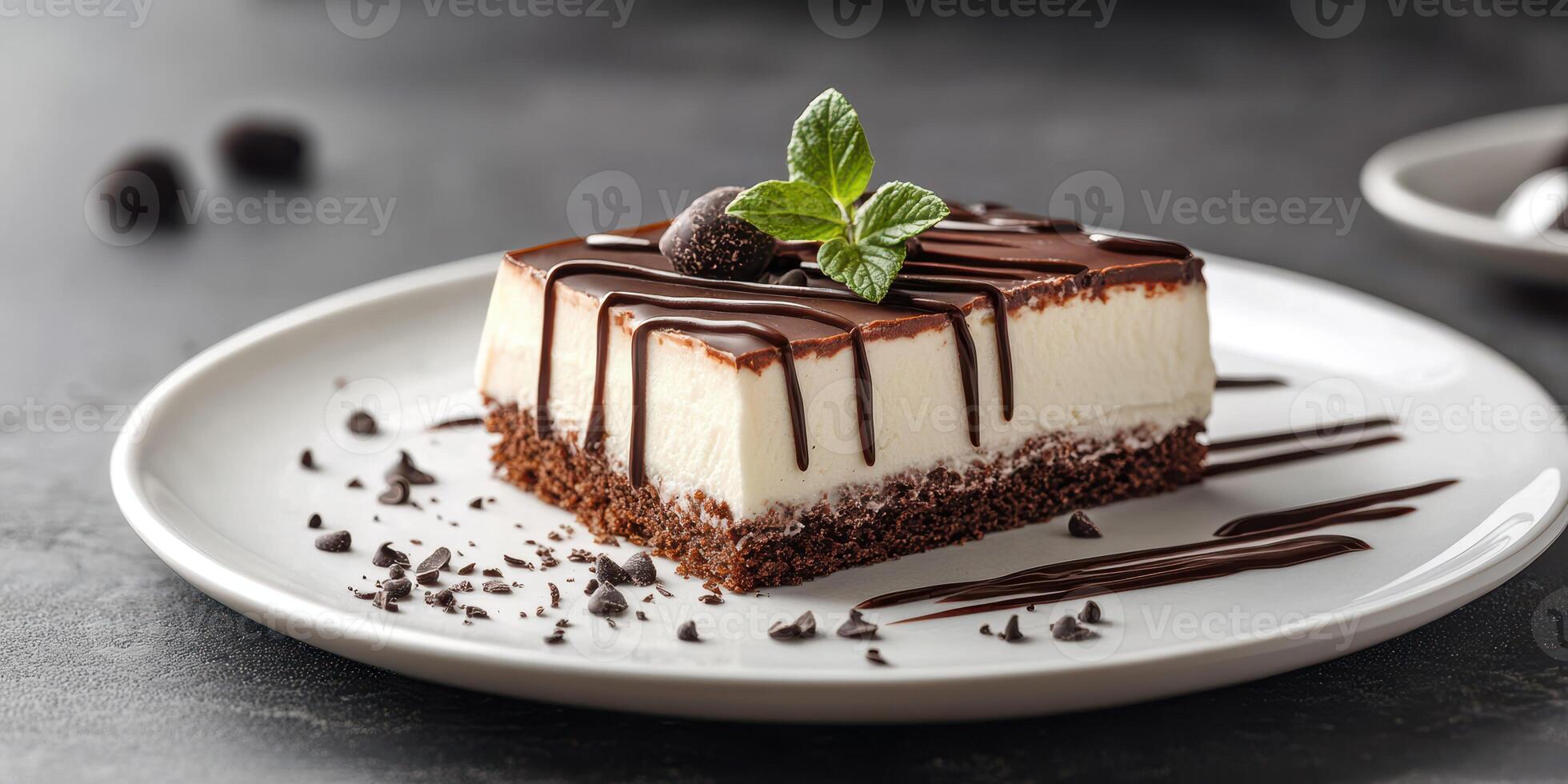 Delicious chocolate dessert served on a white plate with mint garnish and chocolate drizzle in a cozy setting photo