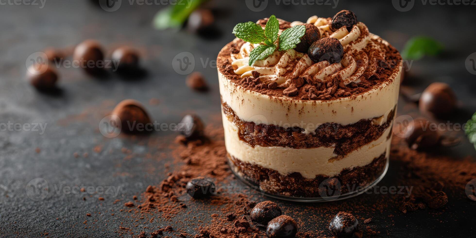 Delicious dessert with layers of cream, chocolate, and coffee on dark textured surface photo