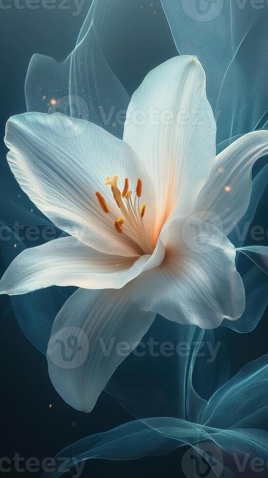 Delicate white lily blooms gracefully against a soft blue background, showcasing fine details and gentle lighting effects photo