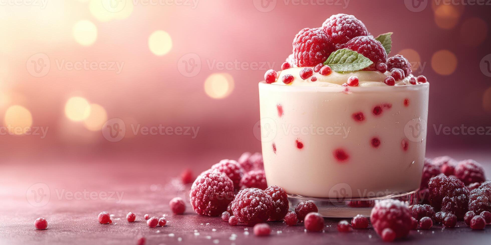 Delicious raspberry dessert served in a glass with fresh berries and mint at a festive gathering photo
