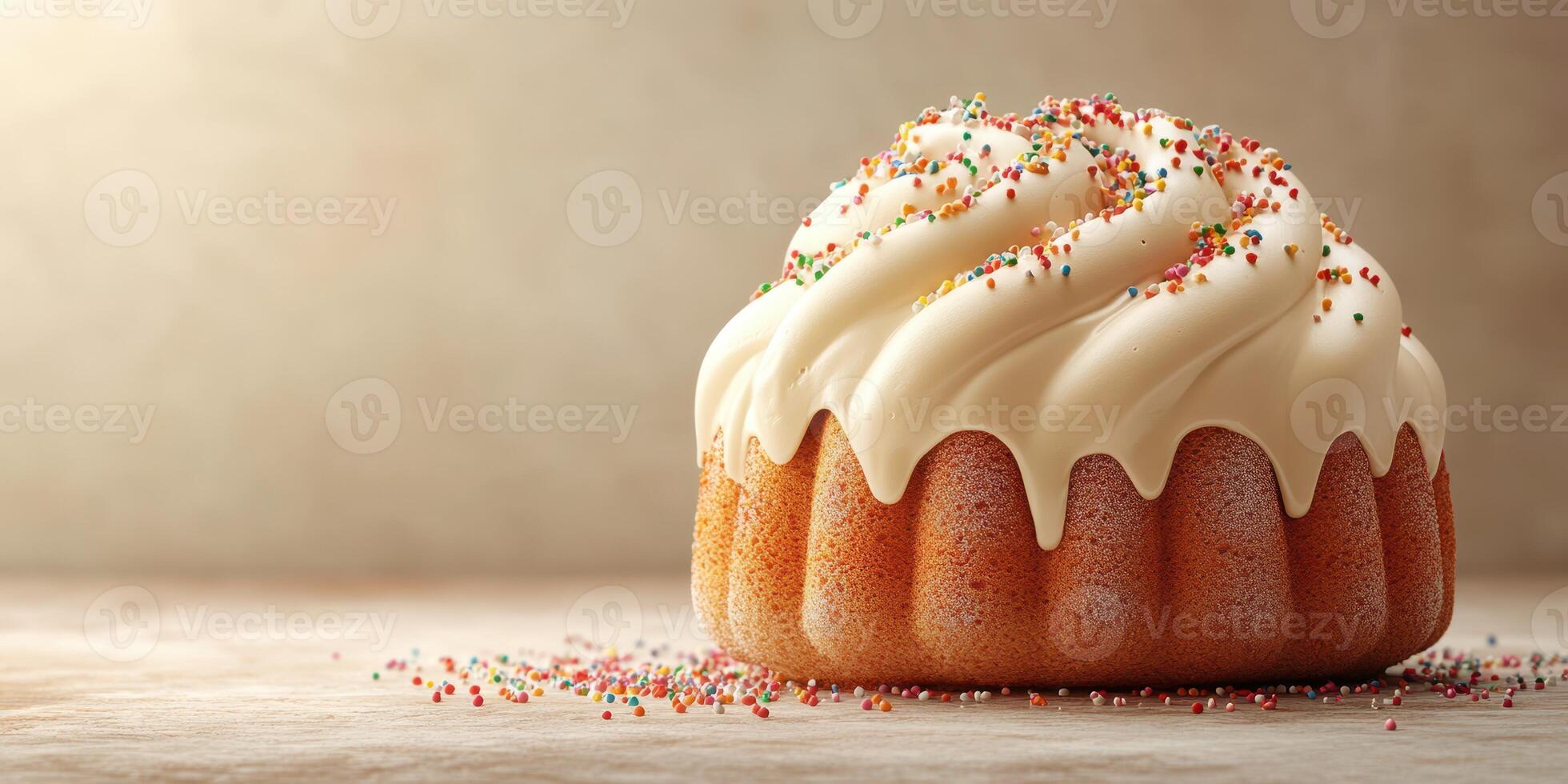 Delicious bundt cake with cream frosting and colorful sprinkles on a smooth surface photo