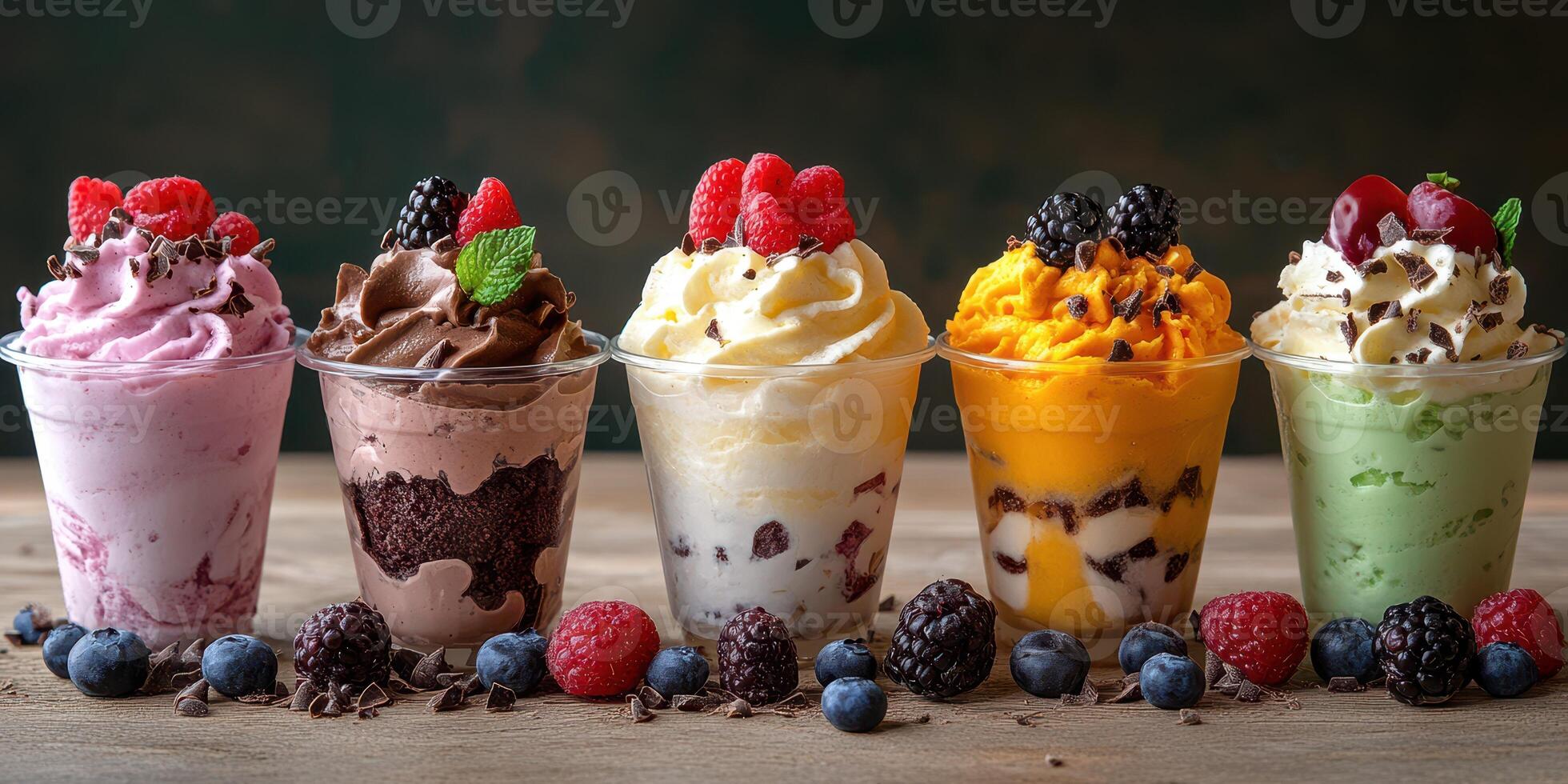 Various delicious ice cream desserts arranged in cups on a wooden table with fresh fruits and chocolate decorations photo