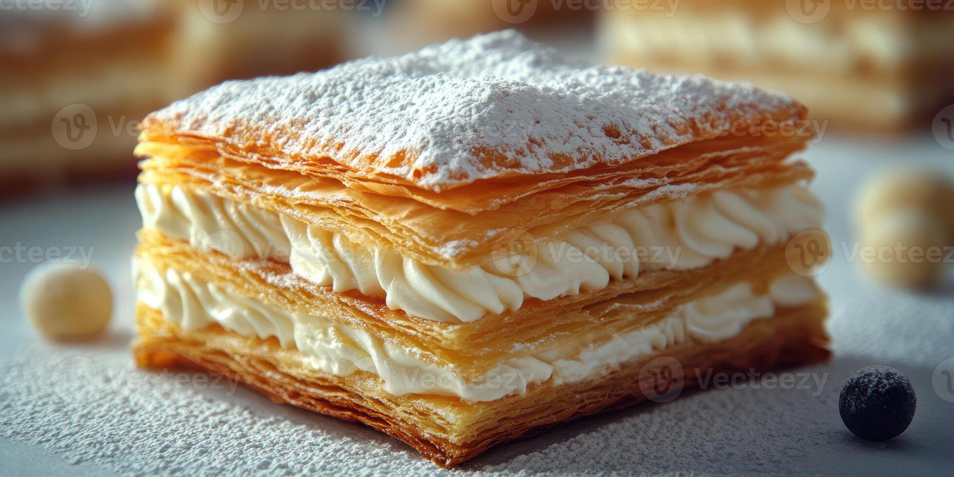 Delicious layers of creamy pastry topped with powdered sugar and served on a bright table photo
