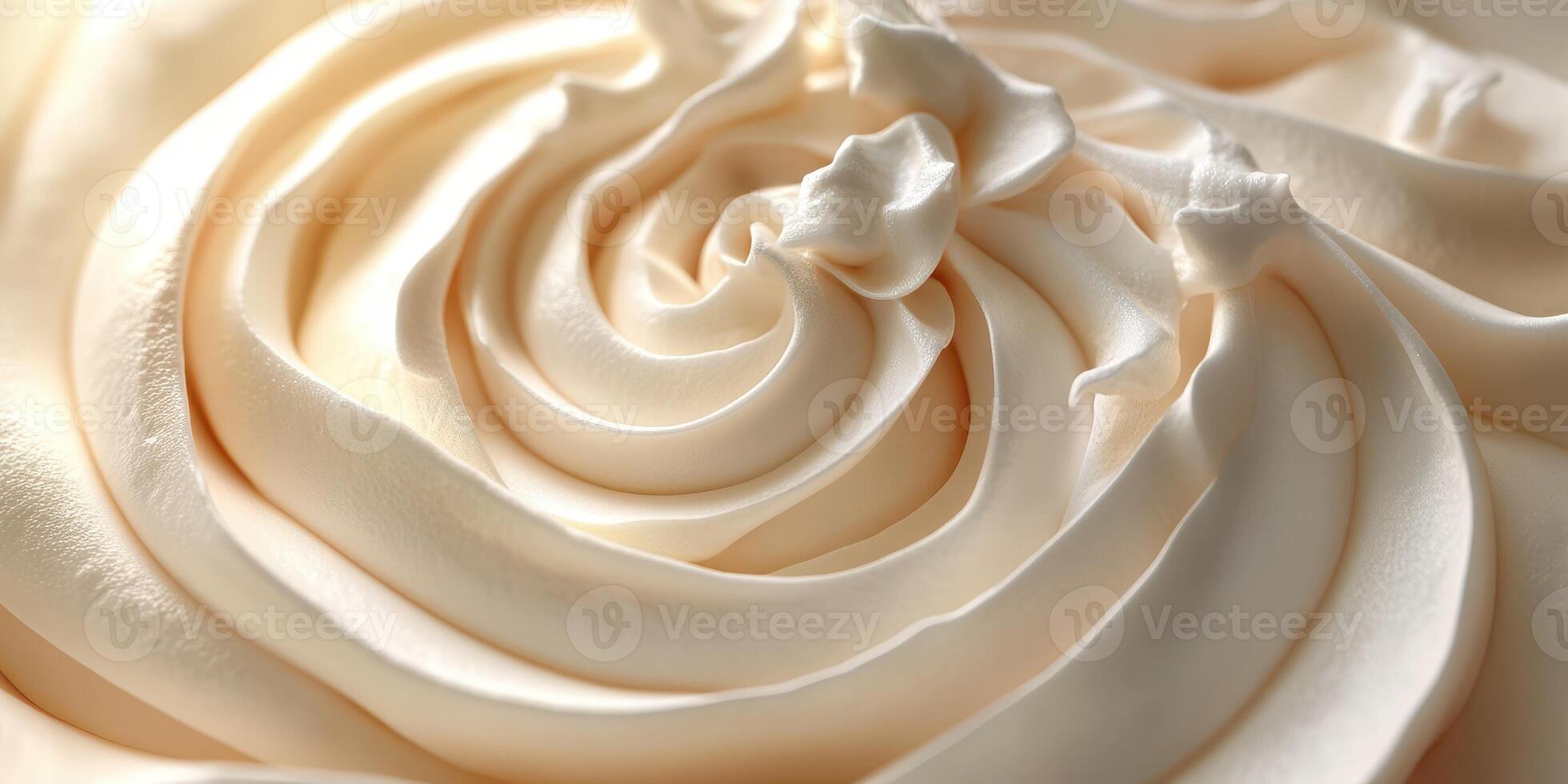 Cream swirls create intricate patterns on a dessert surface in an inviting kitchen setting during golden hour photo