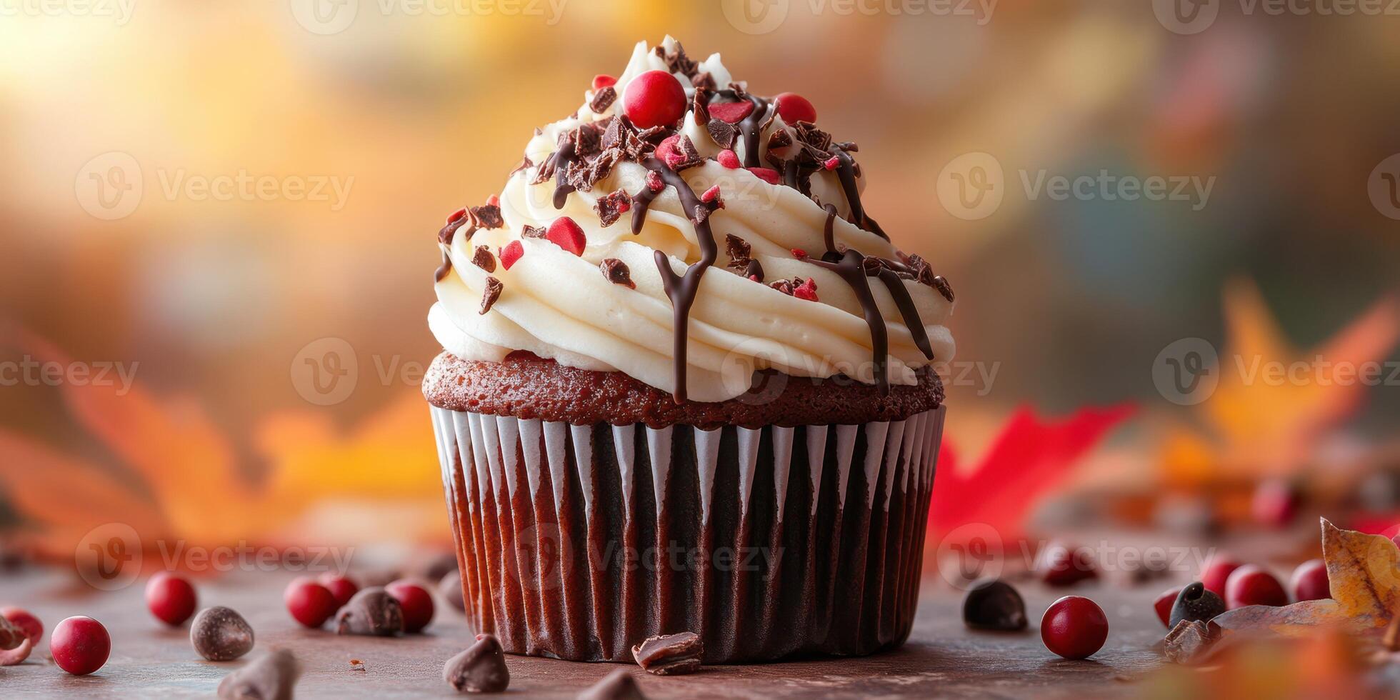 Delicious chocolate cupcake with creamy frosting and festive toppings during autumn season on a rustic table photo