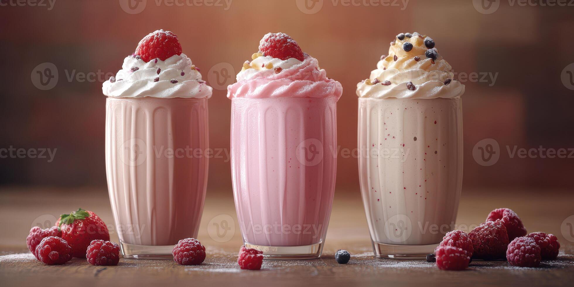 Colorful milkshakes topped with whipped cream and fruit served in tall glasses on a wooden table photo