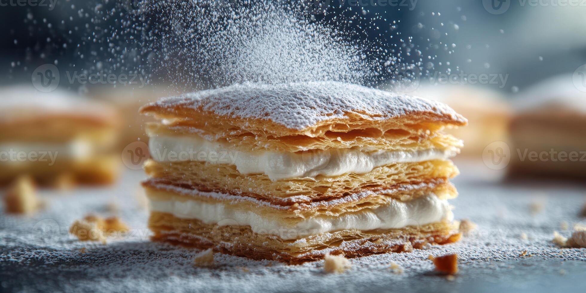 Layered pastry dessert with cream and powdered sugar captured in a kitchen setting photo