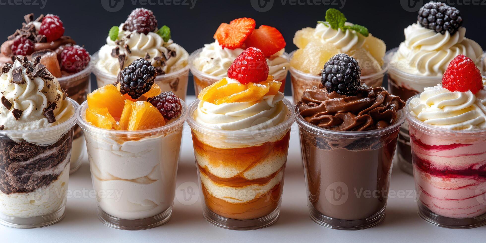 Decadent variety of layered desserts displayed in clear cups at a dessert shop photo