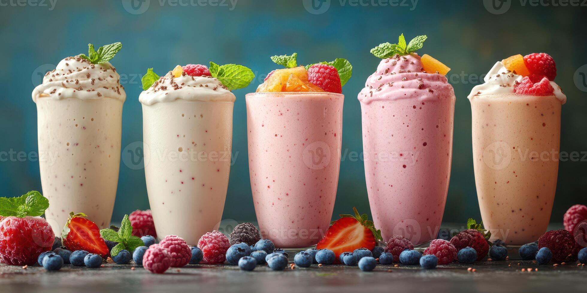 Colorful array of fruit smoothies presented on a dark table with fresh berries and mint leaves in a cozy atmosphere photo