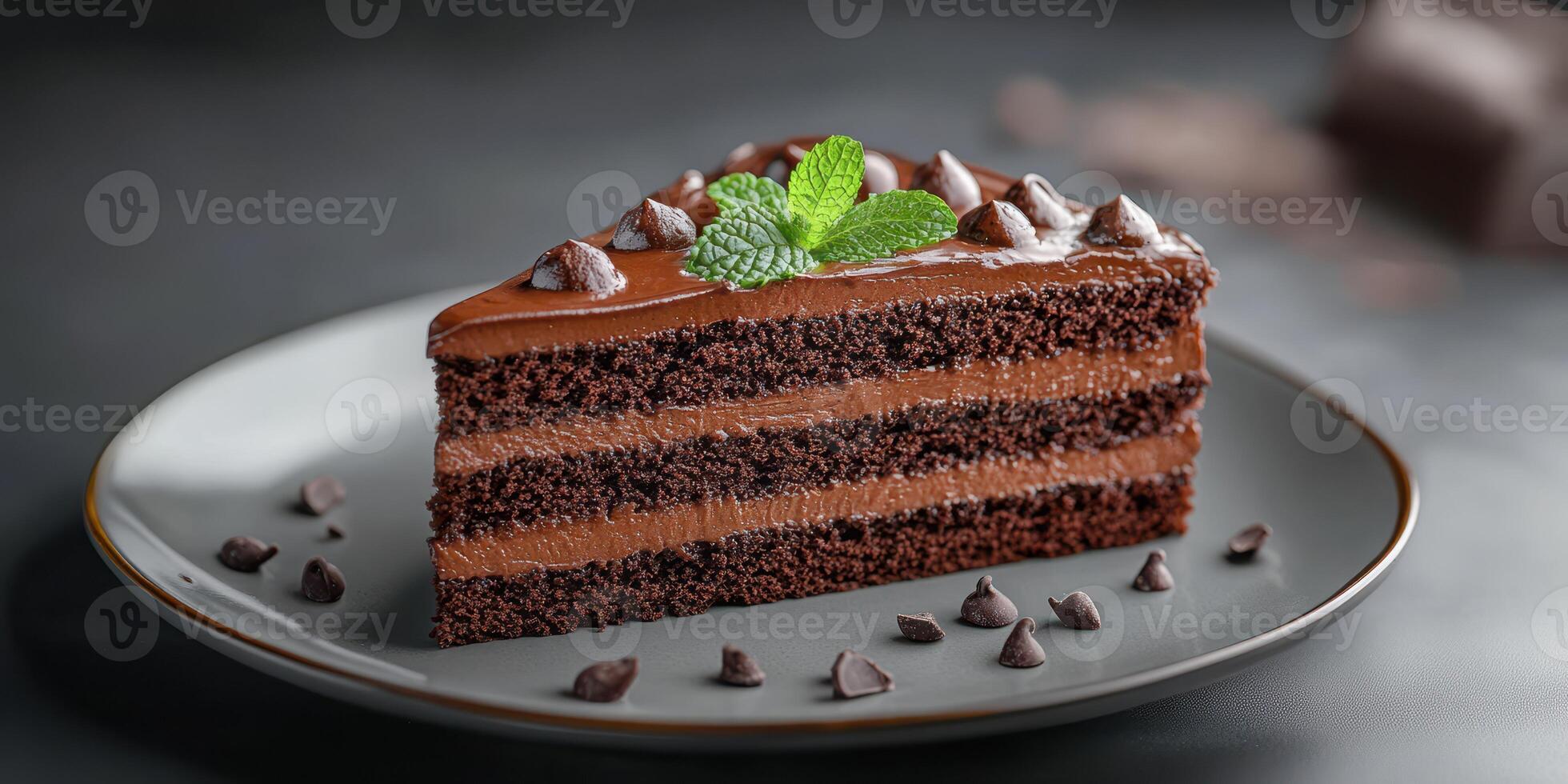 Decadent chocolate layer cake served on a dark plate with mint garnish and chocolate chips photo