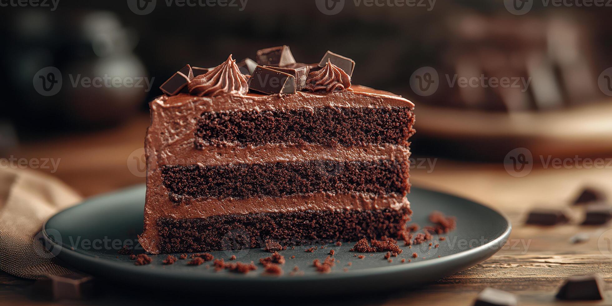 Layers of rich chocolate cake served on a dark plate with a cozy rustic backdrop photo