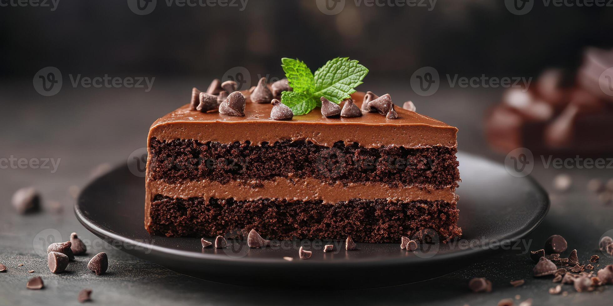 Delicious chocolate cake slice with creamy frosting and chocolate chips served on a black plate photo