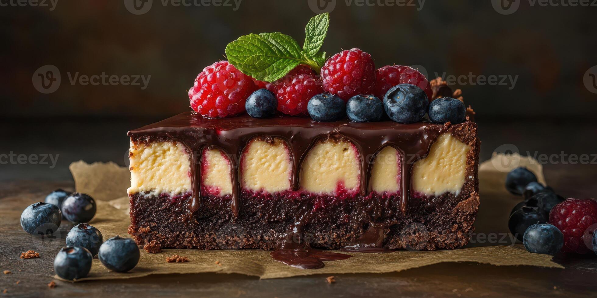 Decadent chocolate brownie dessert with creamy cheesecake and fresh berries garnished in a stylish presentation photo
