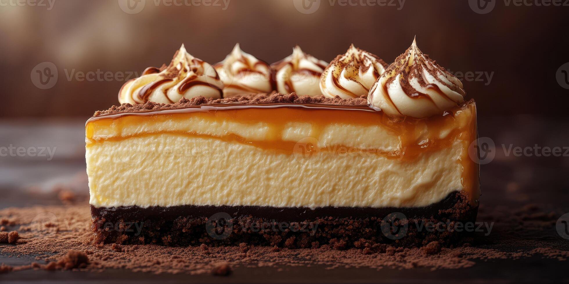 Layered dessert with rich caramel and chocolate topping presented on a dark wooden surface photo