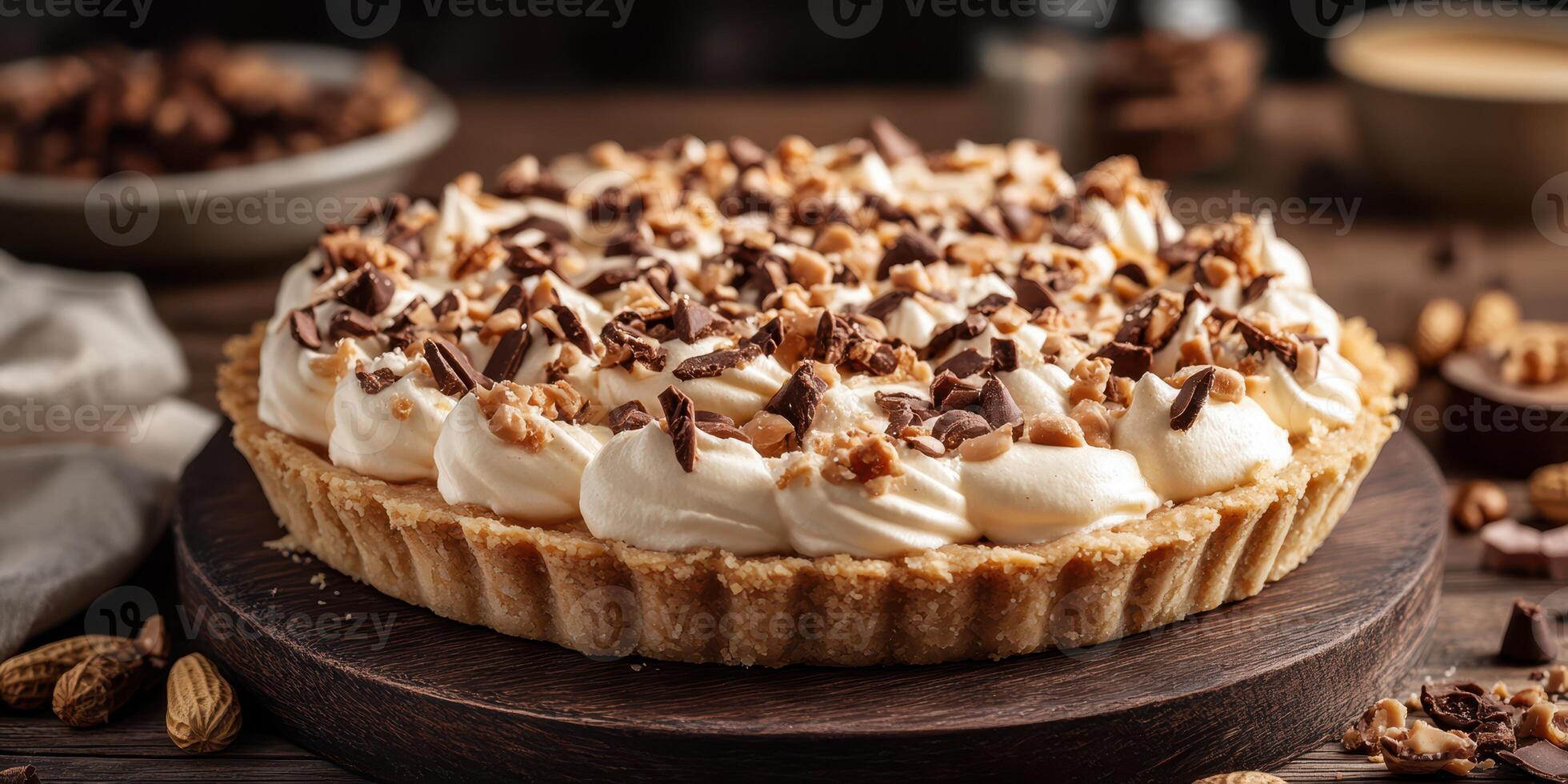 Delicious cream pie topped with crushed nuts and chocolate in a cozy kitchen setting photo