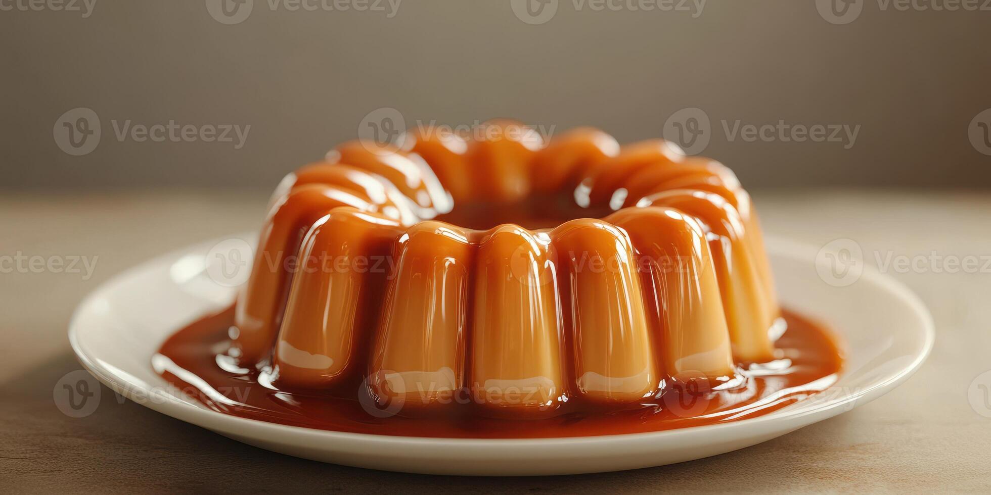 Flan dessert served on a white plate with caramel sauce in a warm setting photo
