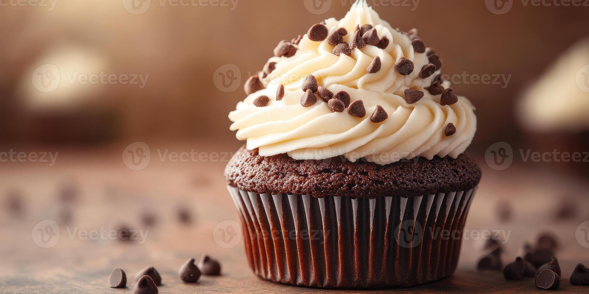 Rich chocolate cupcake topped with smooth vanilla frosting and chocolate chips on a rustic wooden background photo
