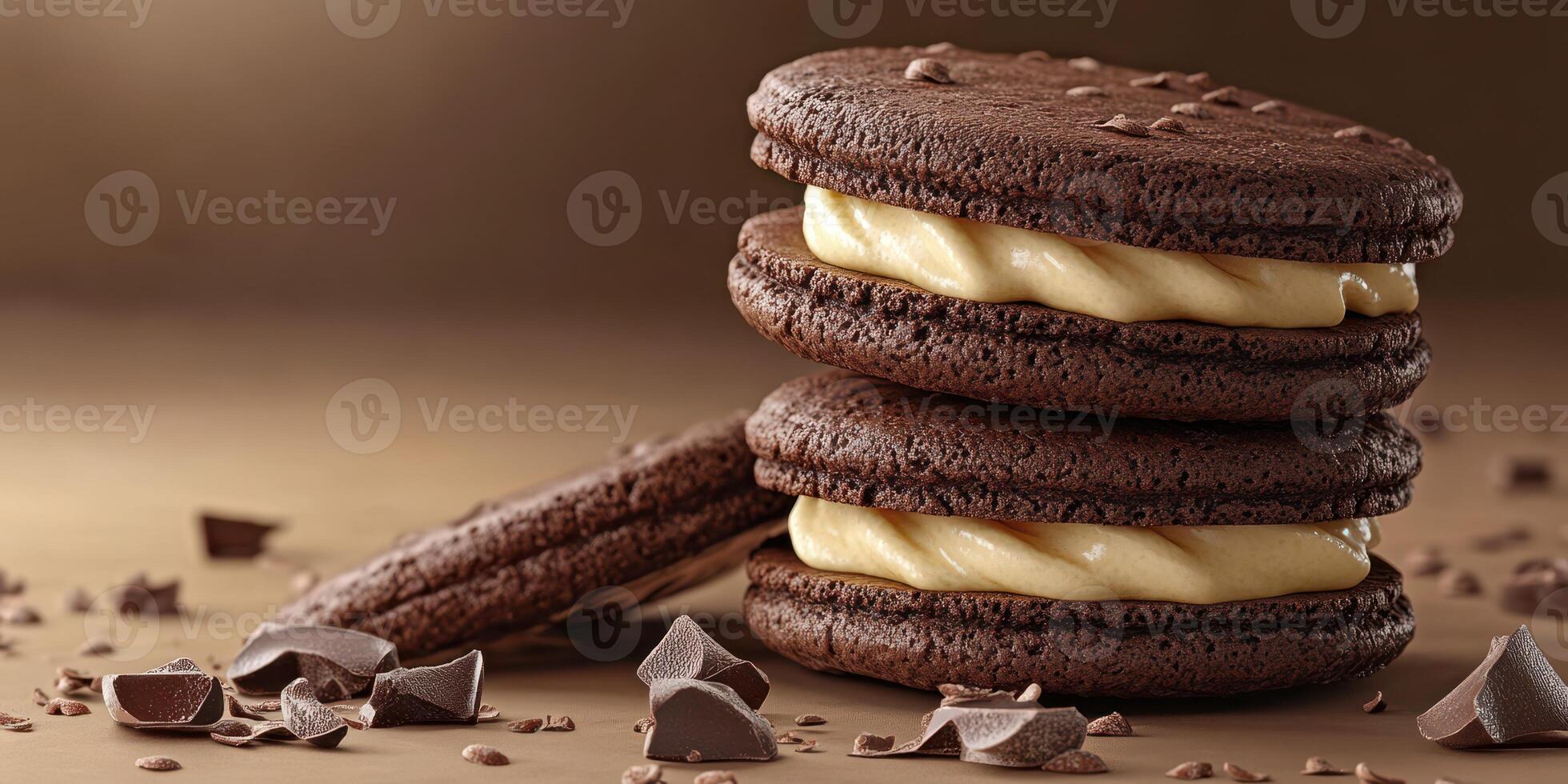 Chocolate cookies with creamy filling and chocolate chips arranged on a beige background photo