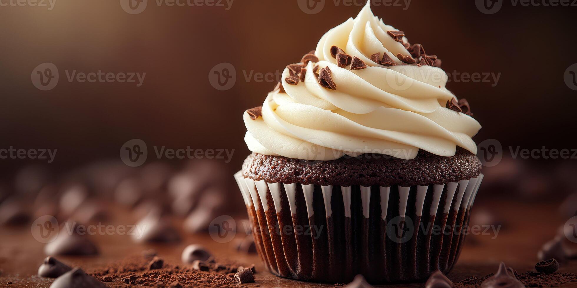 Delicious chocolate cupcake with creamy frosting and chocolate shavings on a wooden surface, perfect for dessert lovers photo