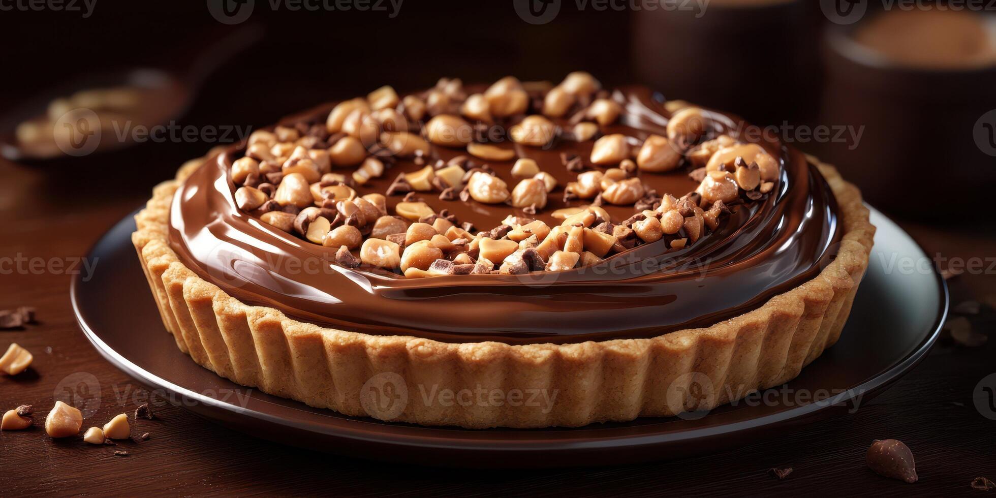 Chocolate peanut butter tart with crushed nuts on top sits elegantly on a dark plate in a warm setting photo
