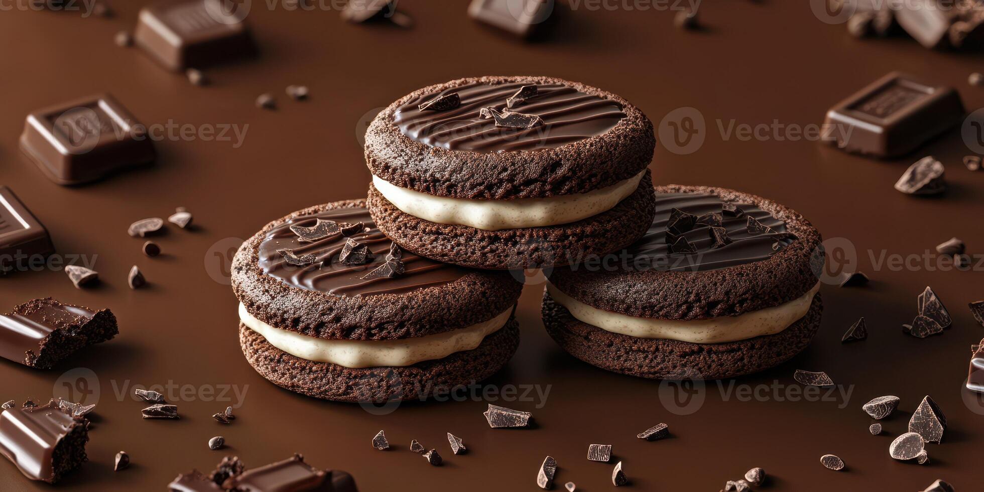 Delicious chocolate cream cookies arranged on a dark chocolate background with chocolate chunks scattered around photo