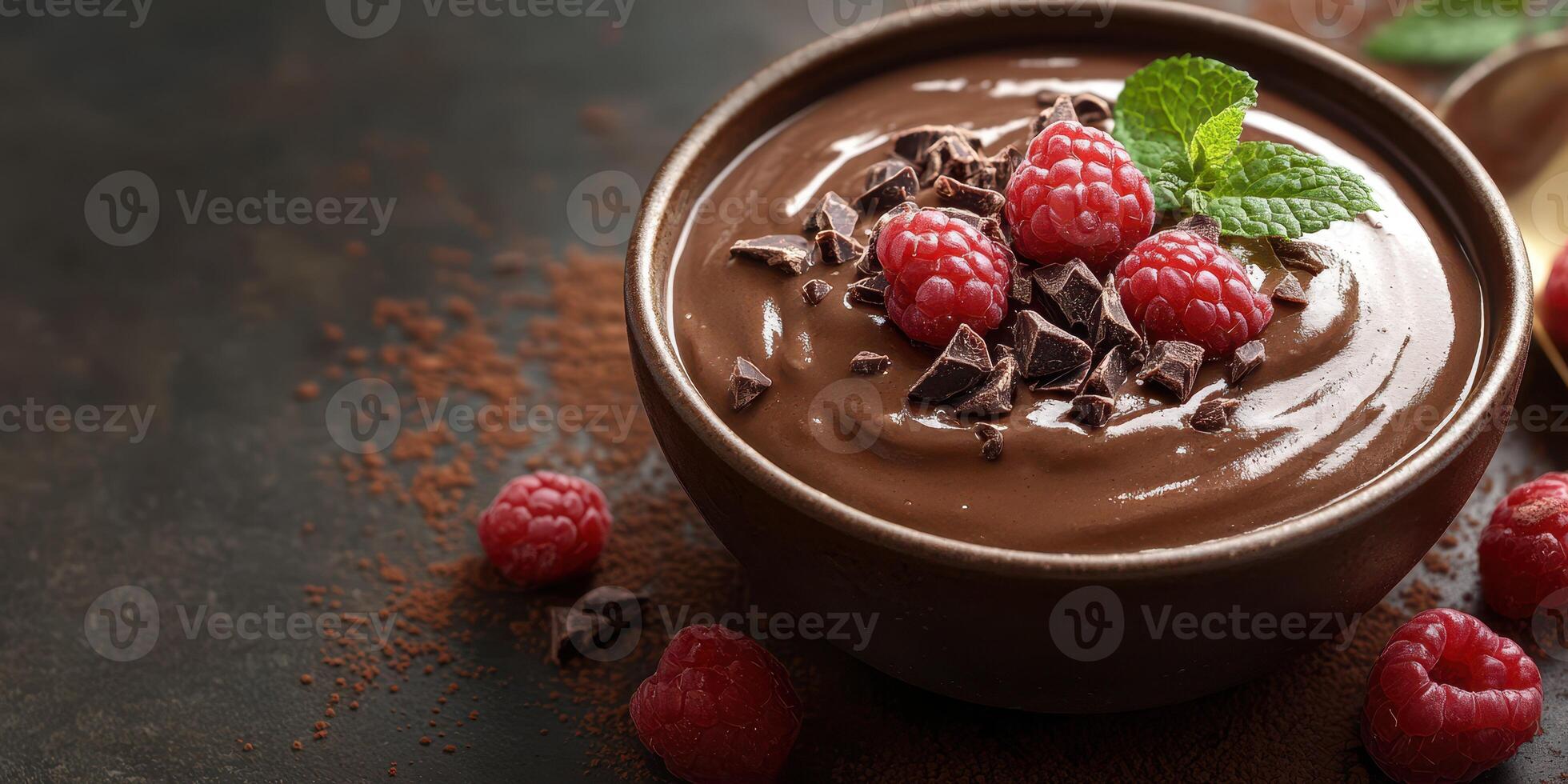 Delicious chocolate mousse topped with fresh raspberries and mint in a rustic bowl photo