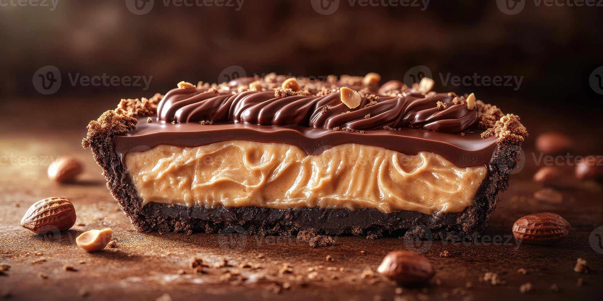 Delicious layered chocolate and peanut butter pie displayed on a rustic wooden table photo