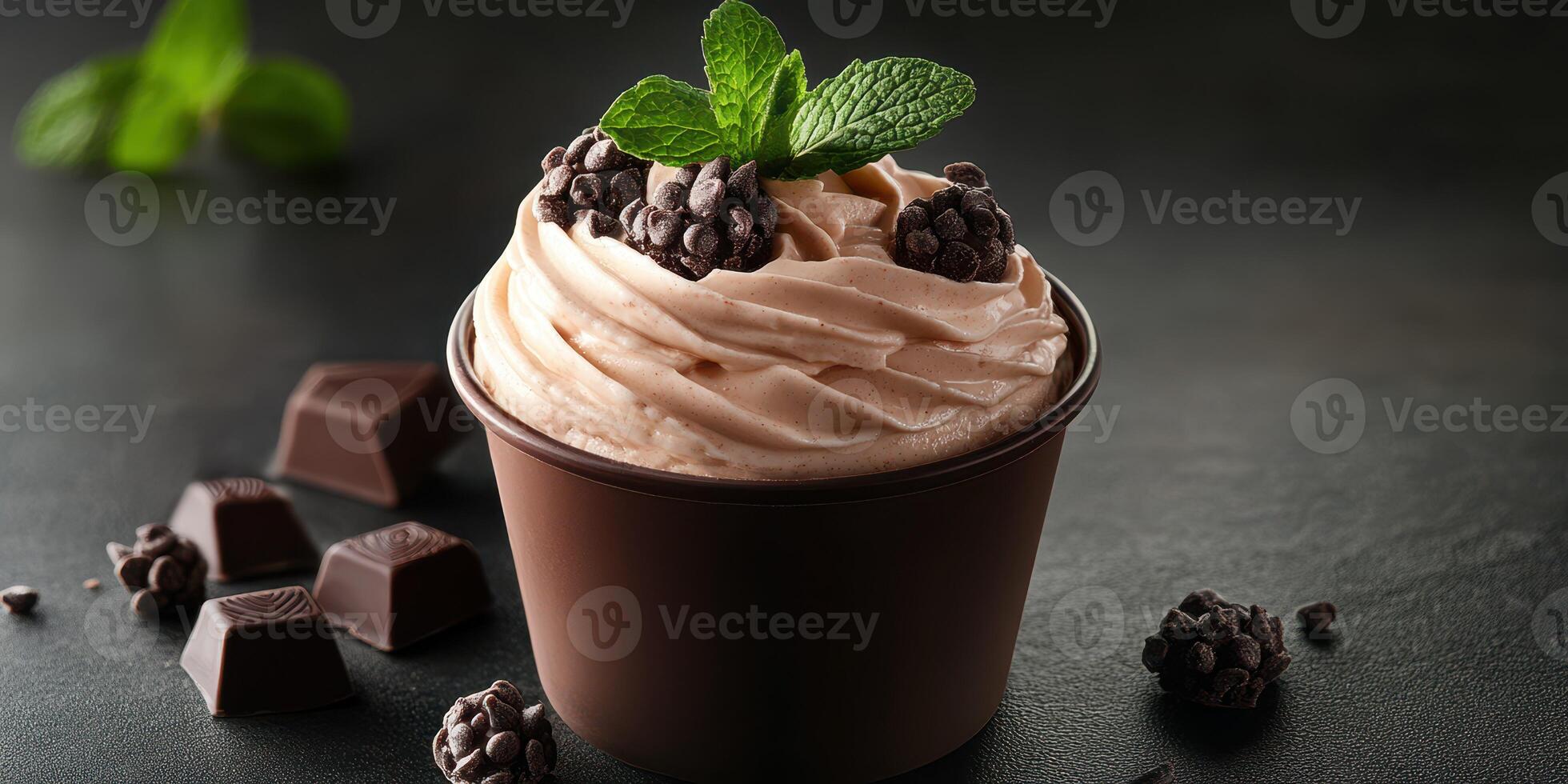Decadent chocolate mousse topped with mint and dark chocolate on a dark surface photo