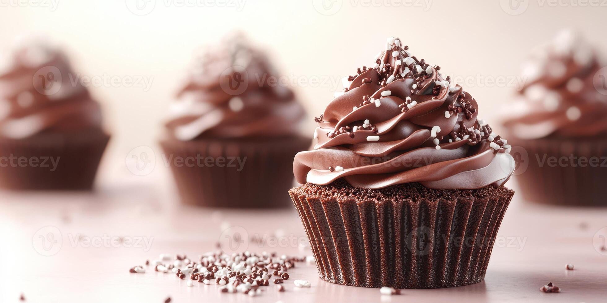 Beautiful chocolate cupcakes with swirls of frosting and sprinkles on a soft background photo