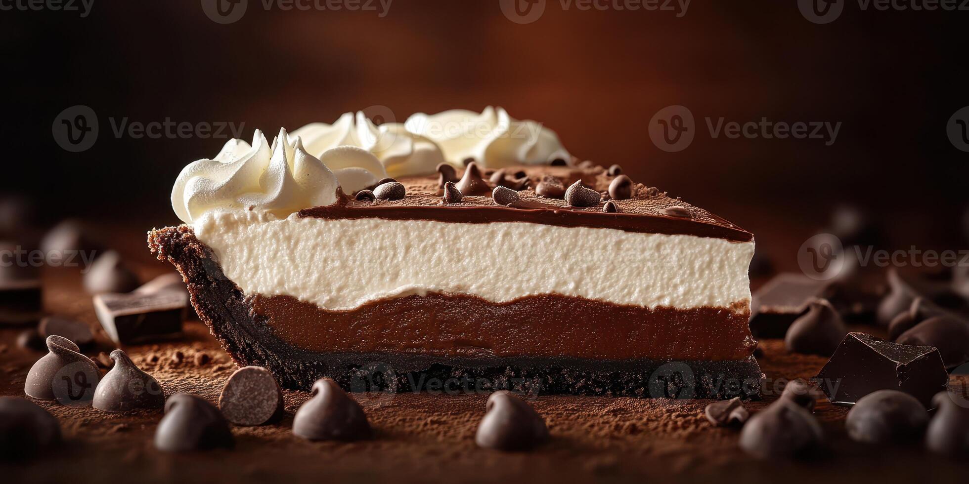 Delightful chocolate cream pie with whipped topping and chocolate chips on a dark background photo