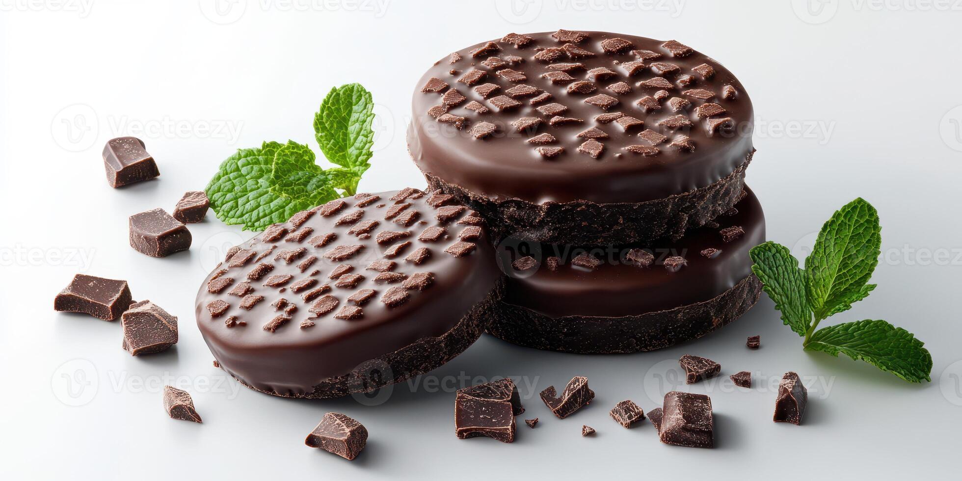 Delicious chocolate desserts stacked with mint leaves for a refreshing touch on a clean background photo