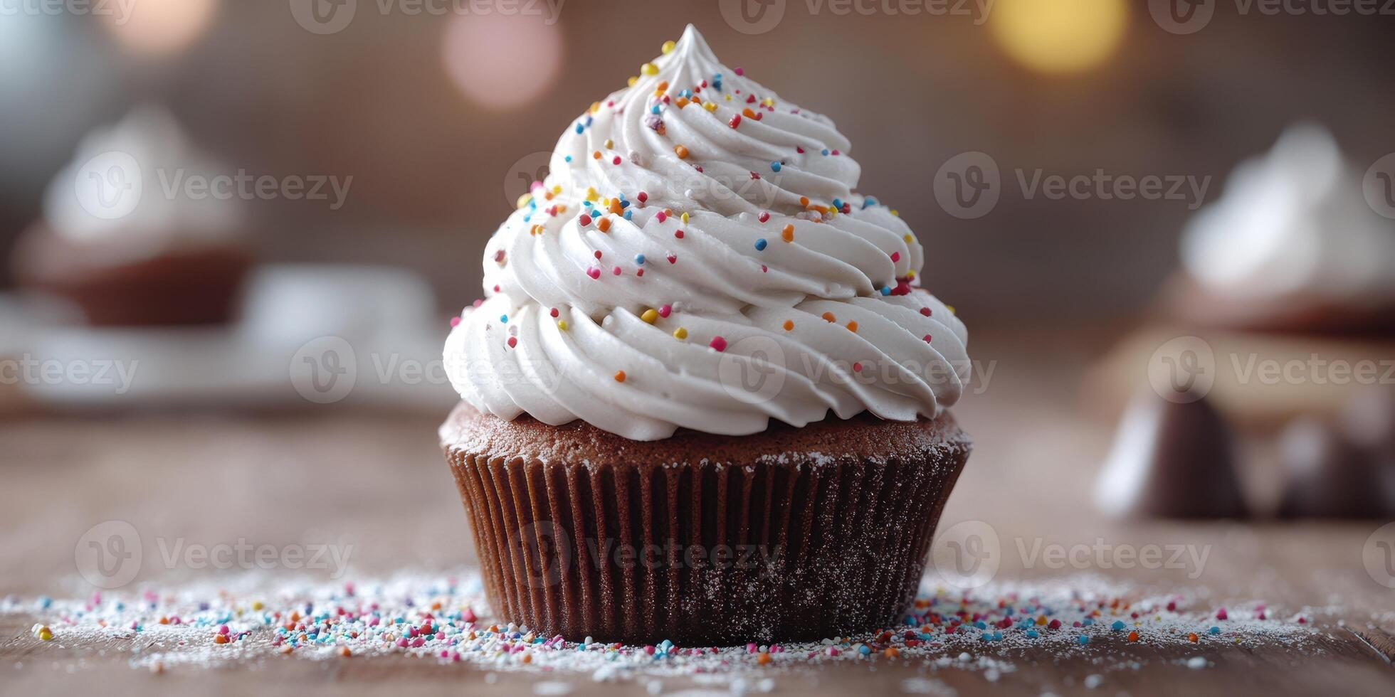 Delicious chocolate cupcake with creamy frosting and colorful sprinkles on a rustic wooden table photo