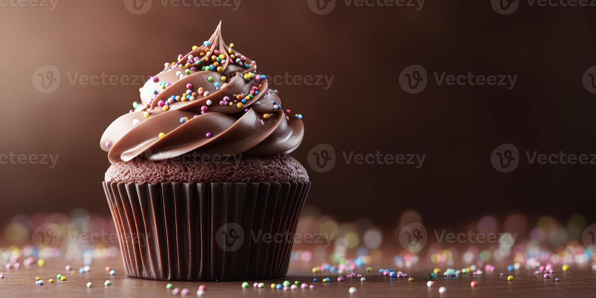 Chocolate cupcake topped with creamy frosting and colorful sprinkles on a wooden table photo