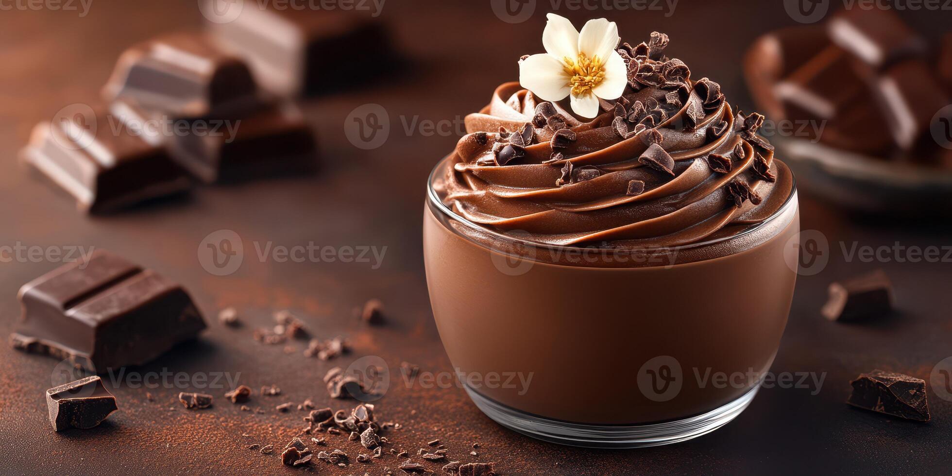Dark chocolate mousse topped with chocolate shavings and flowers on a rustic wooden table photo
