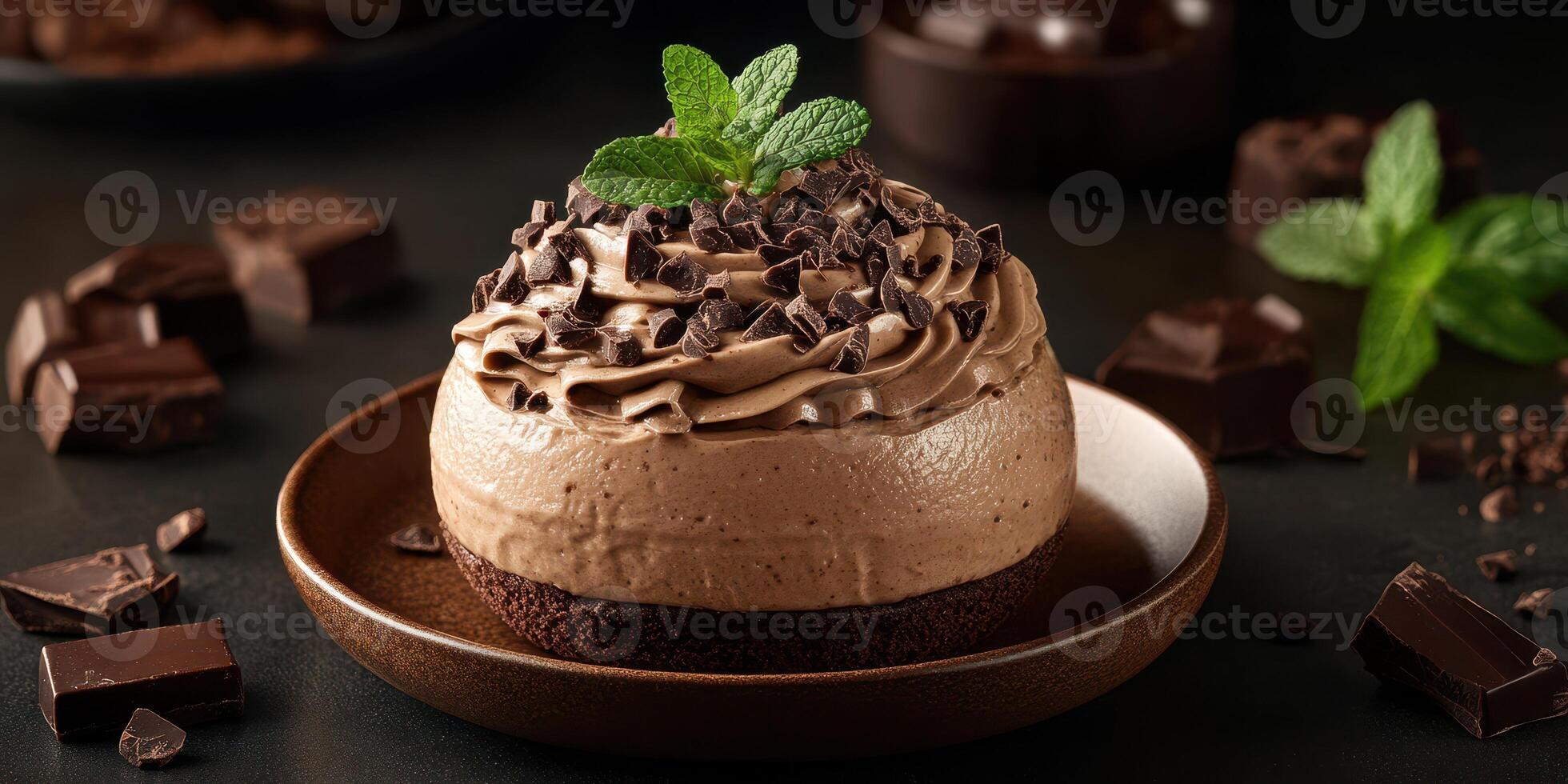Chocolate mousse cake with mint garnish served on a brown plate in a dark setting photo