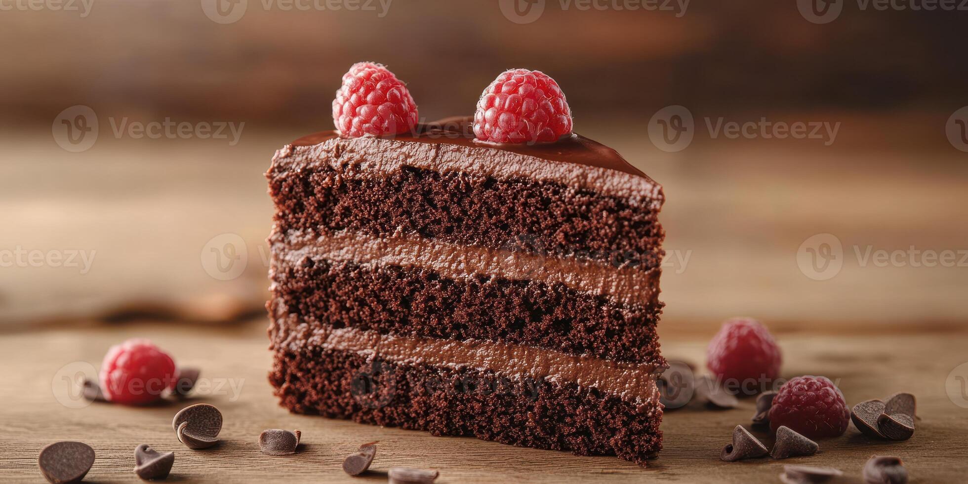 Decadent chocolate cake slice with fresh raspberries and chocolate chips on wooden table photo