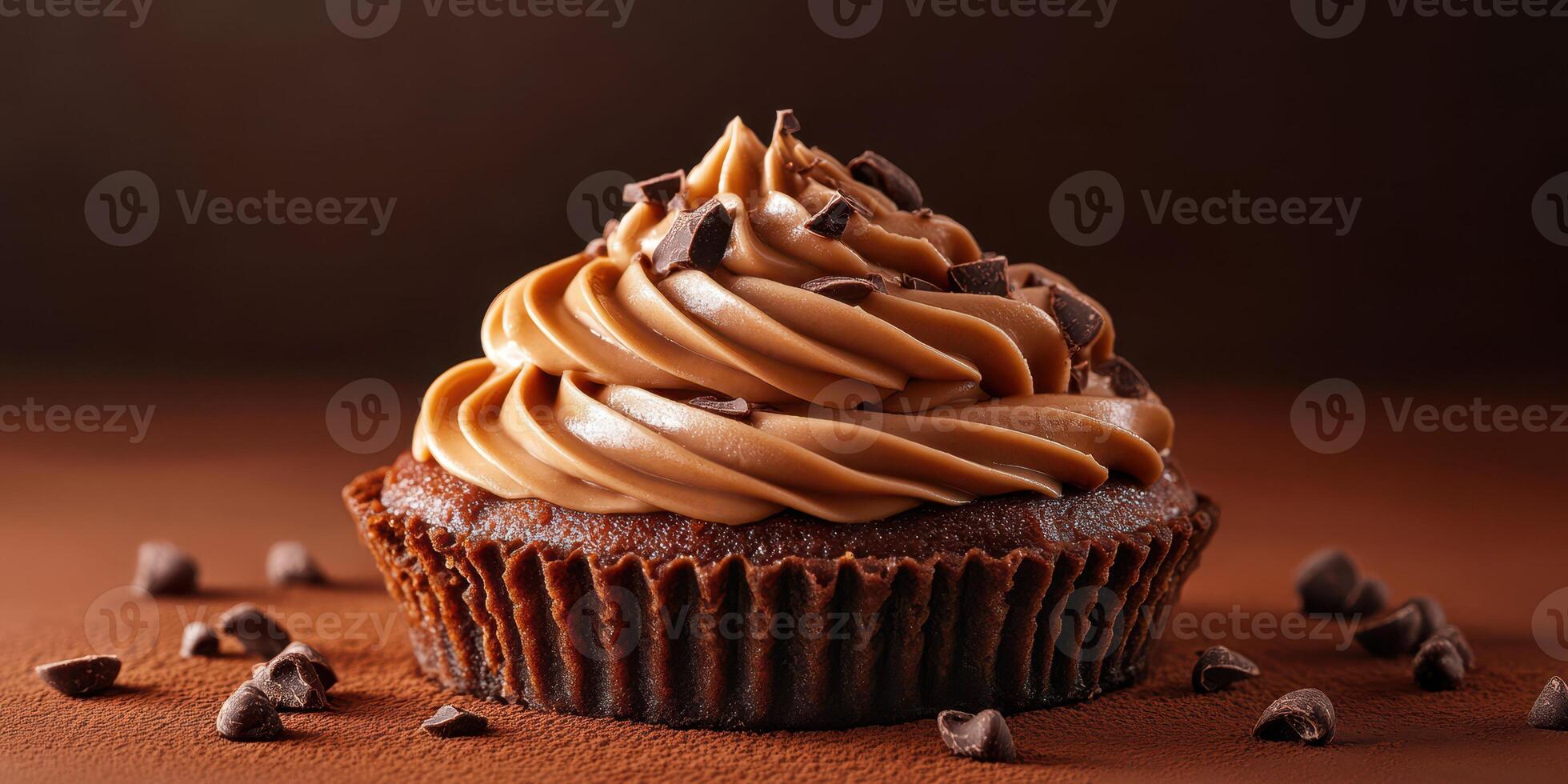 Decadent chocolate cupcake with creamy frosting and chocolate shavings on a wooden surface photo