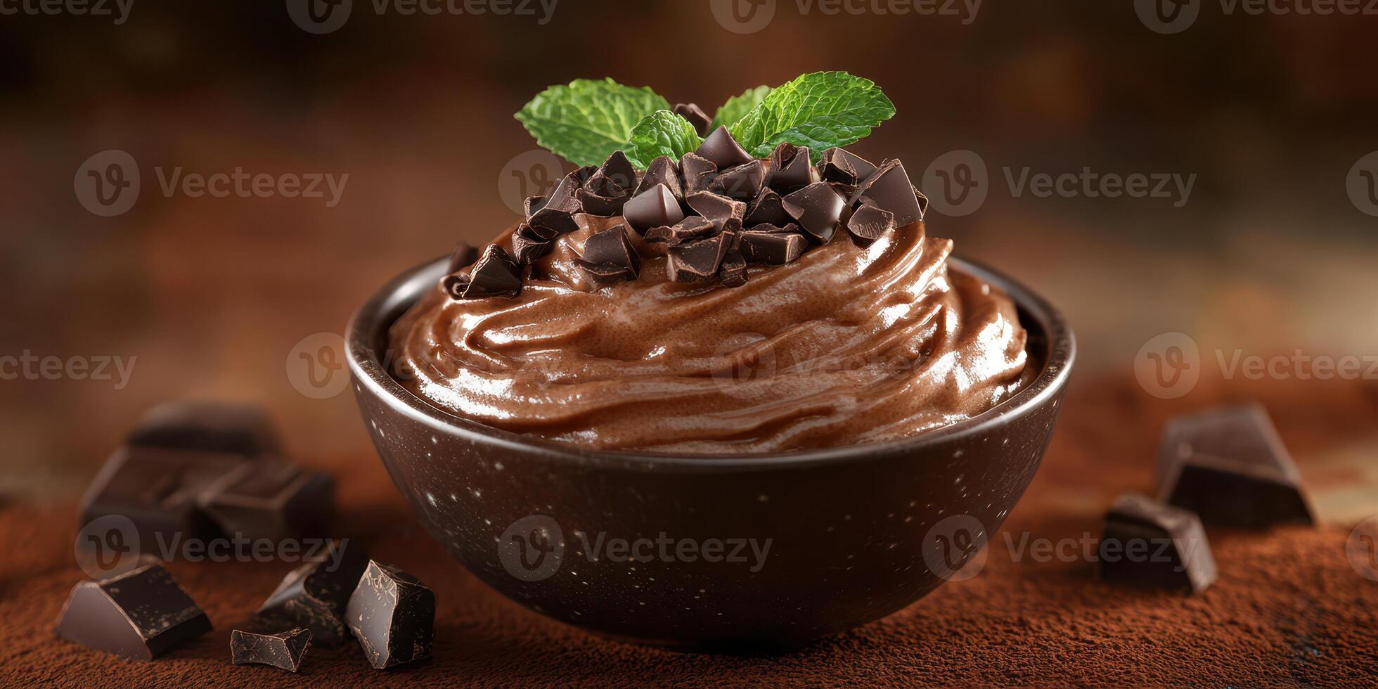 Indulgent chocolate mousse topped with dark chocolate shavings and fresh mint leaves in an elegant bowl photo